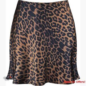 Satin Mini Skirt High Waist Elastic Leopard Print A-Line